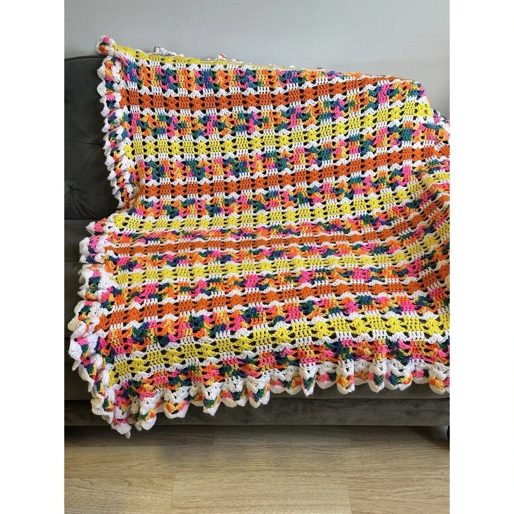 Handmade Crochet‎ Retro Afghan Lap Throw Bright & Colorful Unique Granny Core